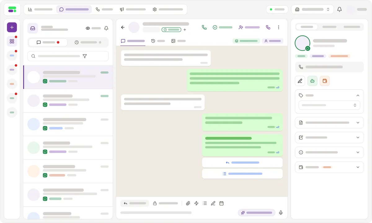 Tela de atendimento da TakeFlow com conversas, contatos e respostas automáticas