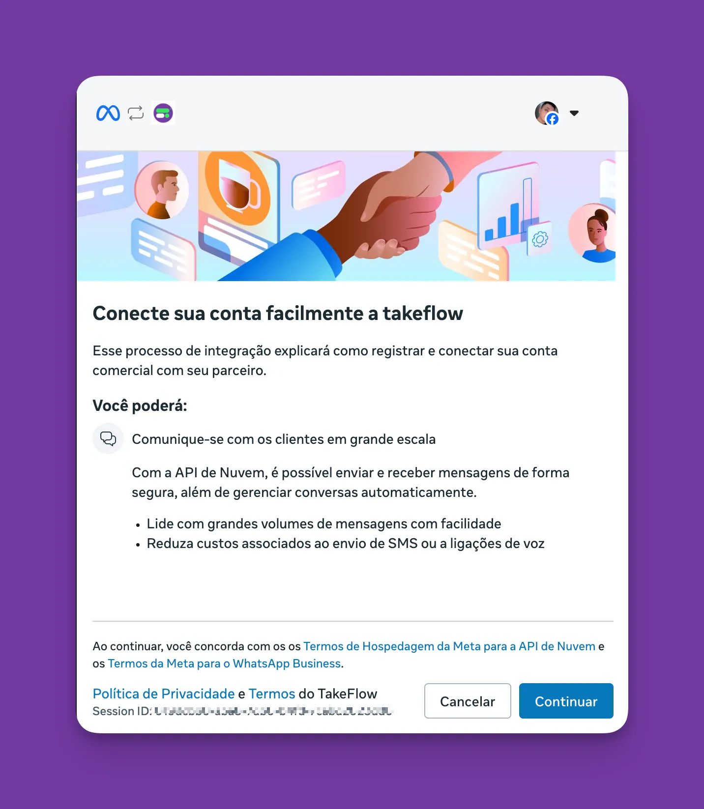 Tela de autenticação da Meta integrada ao fluxo de conexão da TakeFlow
