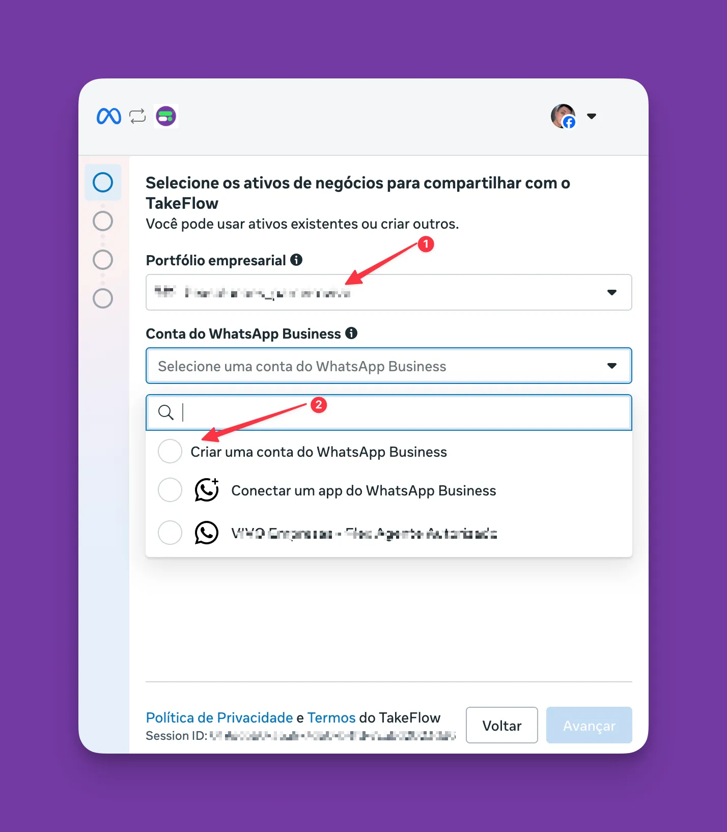 Tela de seleção do Business Manager e da conta de WhatsApp Business dentro do fluxo da Meta