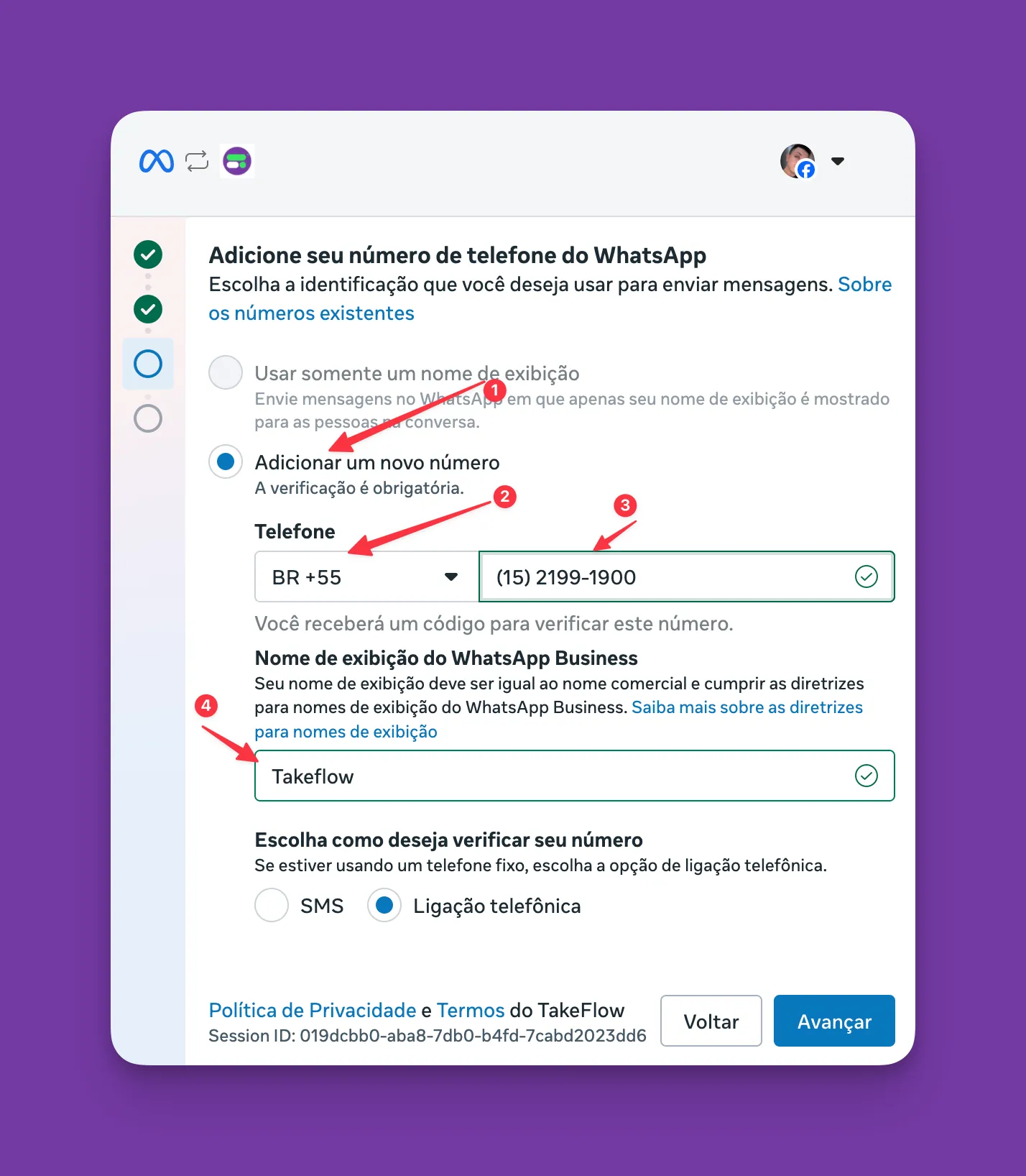 Tela de cadastro do nome do perfil oficial e do número de telefone na plataforma Meta