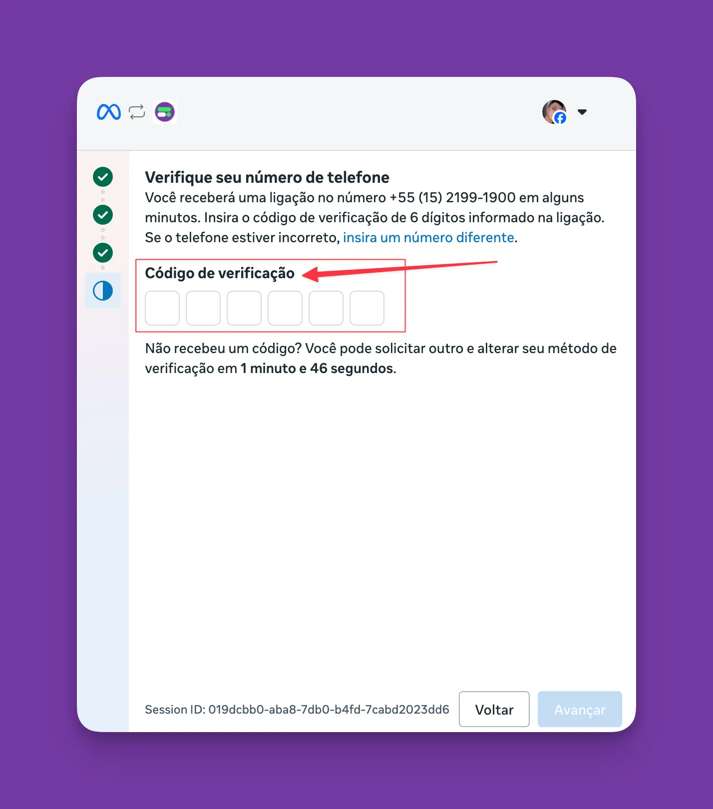Tela de confirmacao do número de telefone via código SMS ou chamada de voz pela Meta