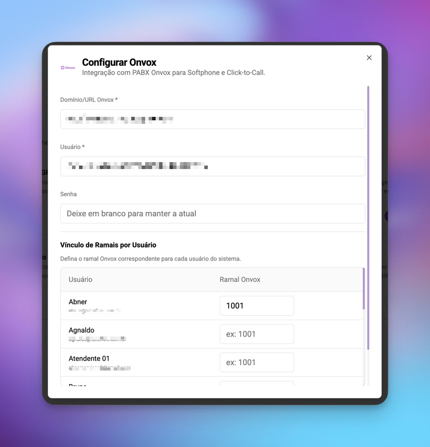 Tela de configuração da integração Onvox na TakeFlow com campos de domínio, usuário e senha